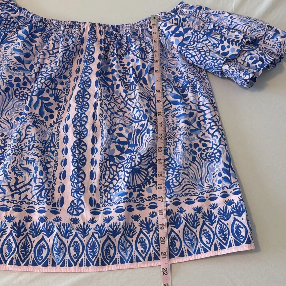 Lilly Pulitzer Off The Shoulder Top Sz XL Frankee Puff Sleeve Pink Blue Sea NWOT
